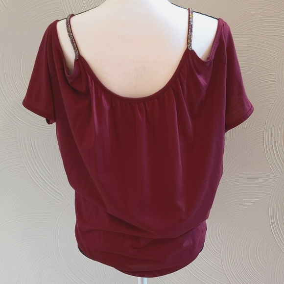 Jessica Simpson Cold Shoulder Beaded Strap Boho Style Blouse - Picture 2 of 5